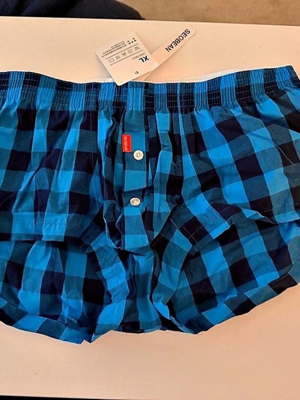 Seobean Blue Plaid sexy mens boxer shorts boxers with pouch XL - NWT